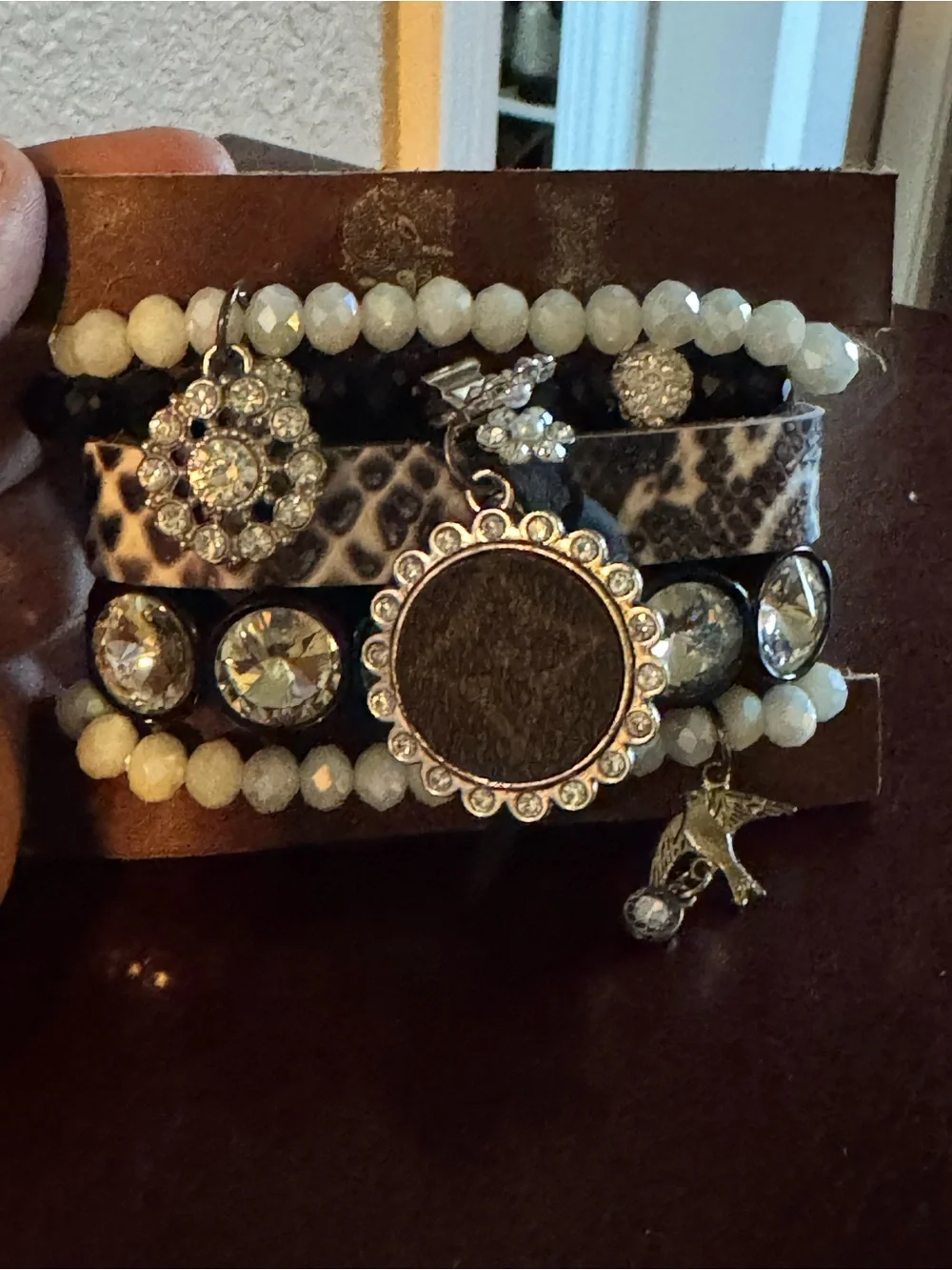 NWT Sandra Ling Upcycled LV Multi-Row White Bead & Leopard Print Charm Bracelet